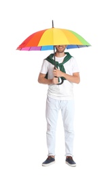 Man with rainbow umbrella on white background