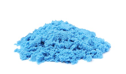 Photo of Pile of blue kinetic sand on white background