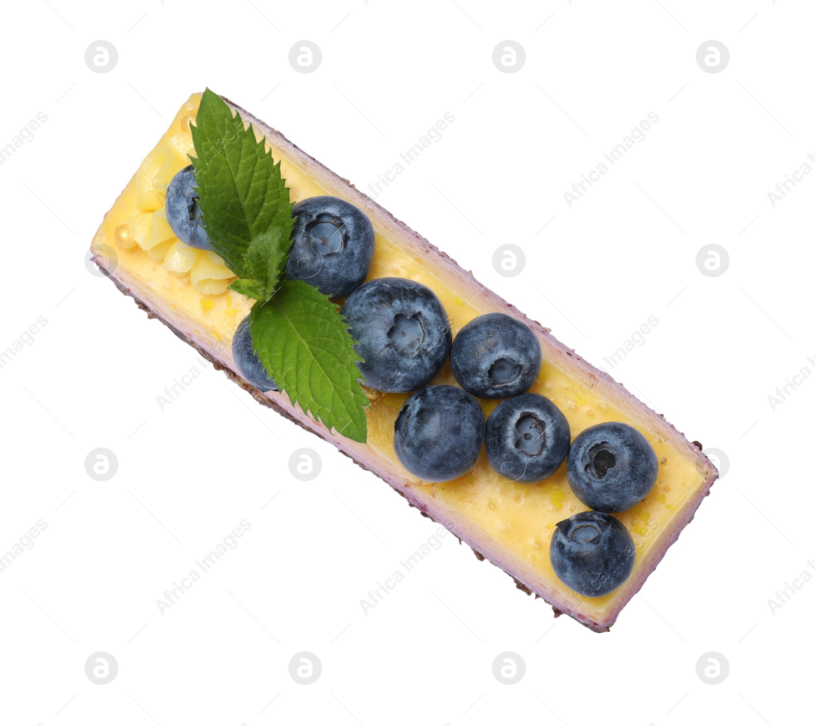 Photo of Delicious cheesecake with blueberry and mint isolated on white, top view