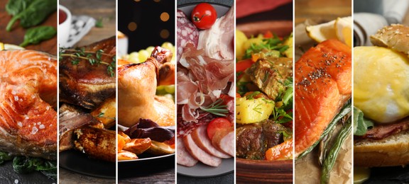 Image of Assortment of tasty dishes. Collage with different meals, closeup