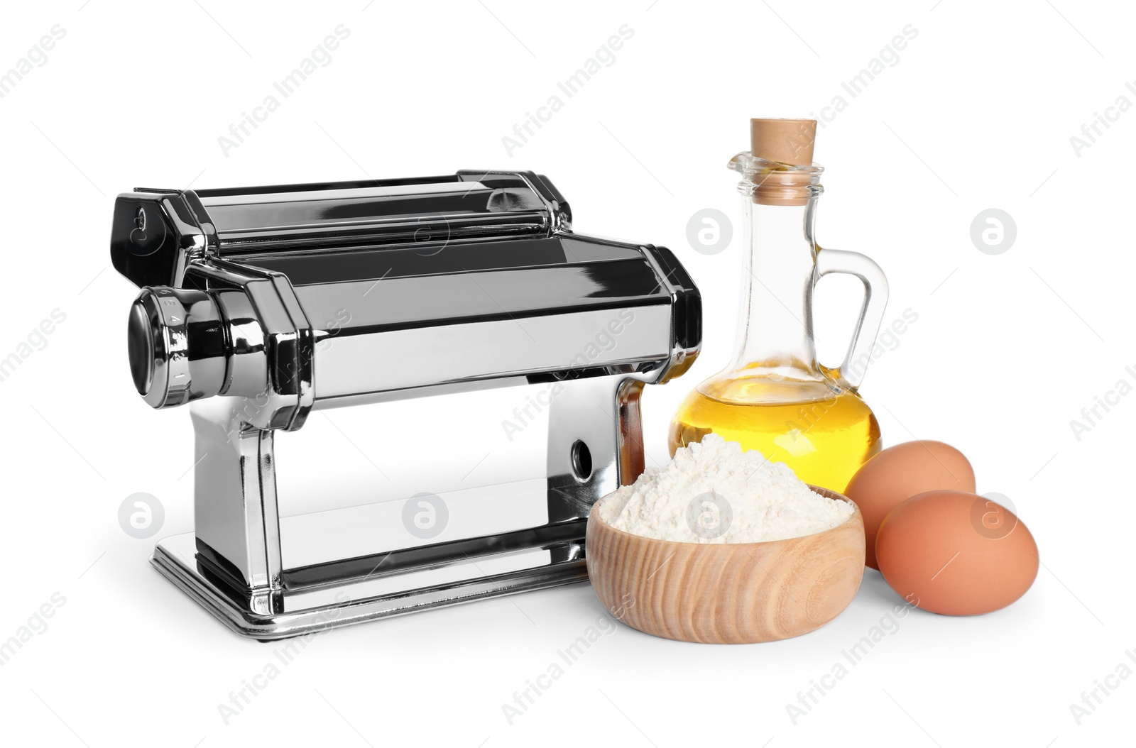 Photo of Modern pasta maker machine and products isolated on white