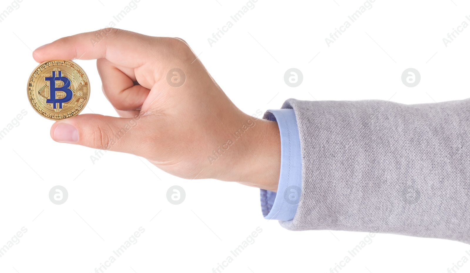 Photo of Man holding golden bitcoin on white background, closeup