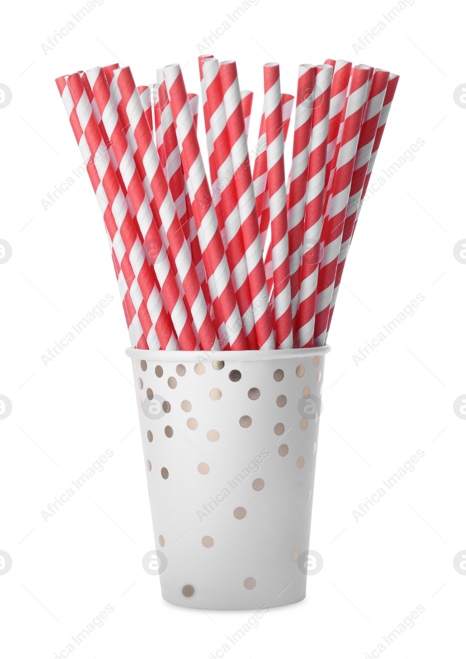 Photo of Striped paper cocktail tubes on white background