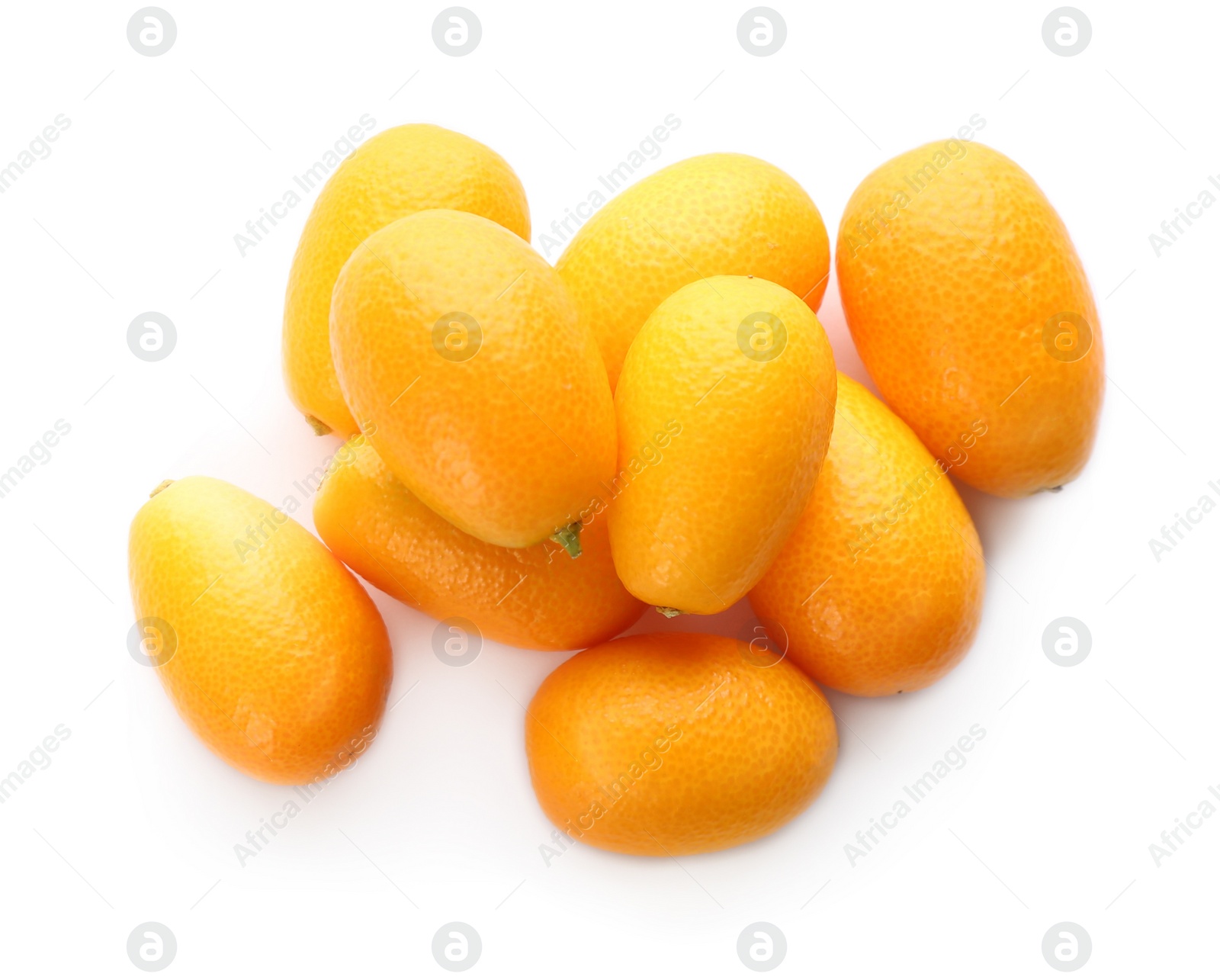 Photo of Fresh ripe kumquats on white background, top view. Exotic fruit