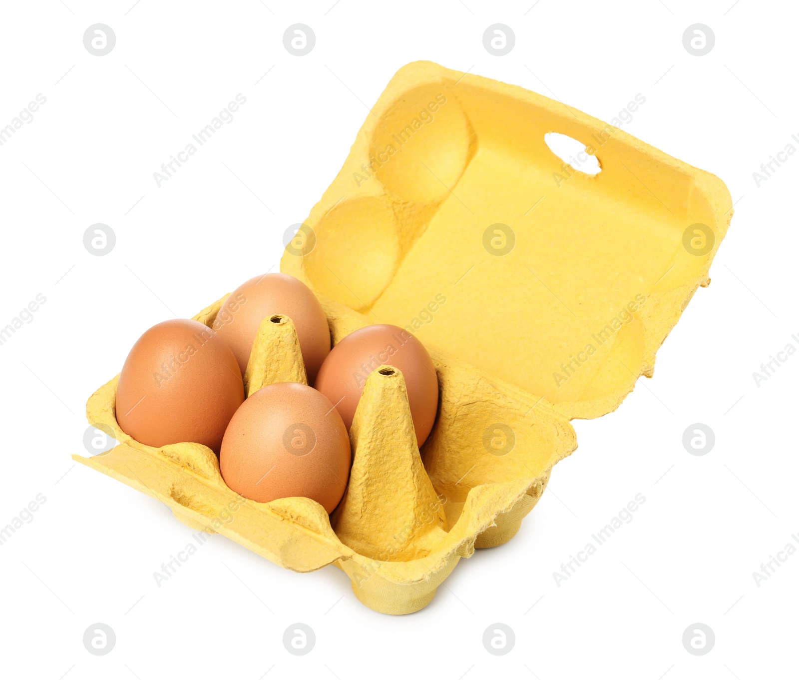 Photo of Chicken eggs in carton isolated on white