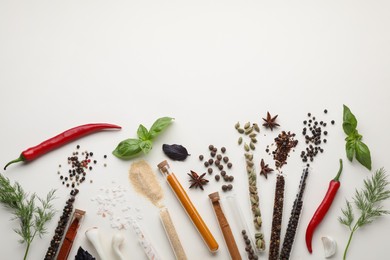 Photo of Flat lay composition with various spices, test tubes and fresh herbs on white background, space for text