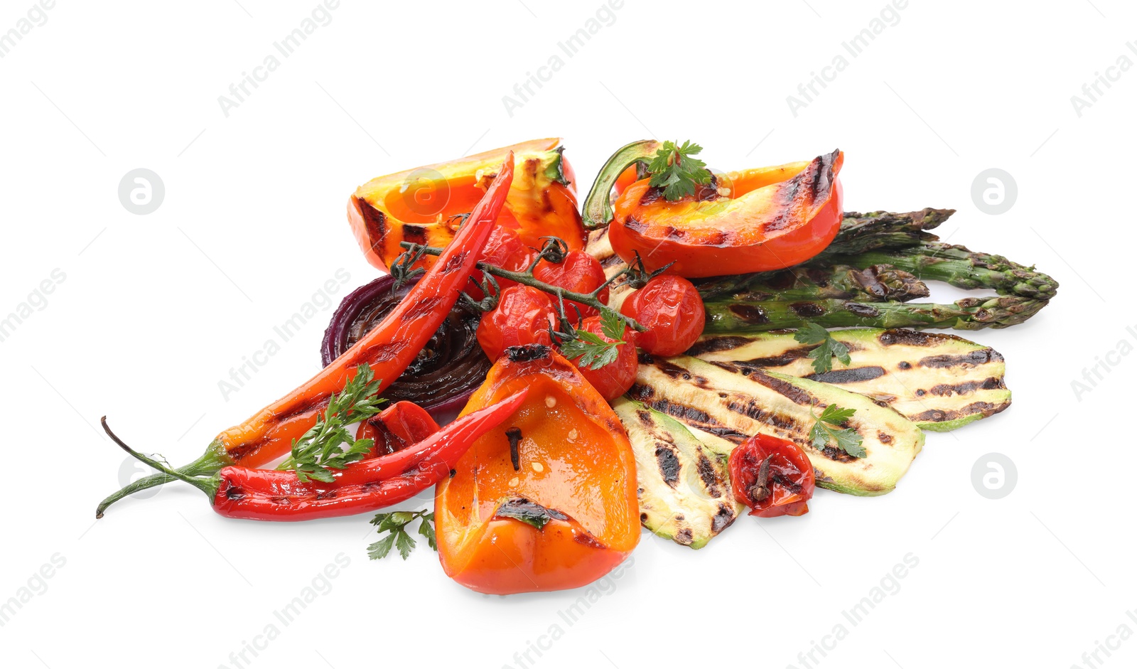 Photo of Different delicious grilled vegetables isolated on white