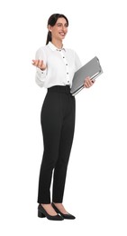 Photo of Happy businesswoman with folders on white background
