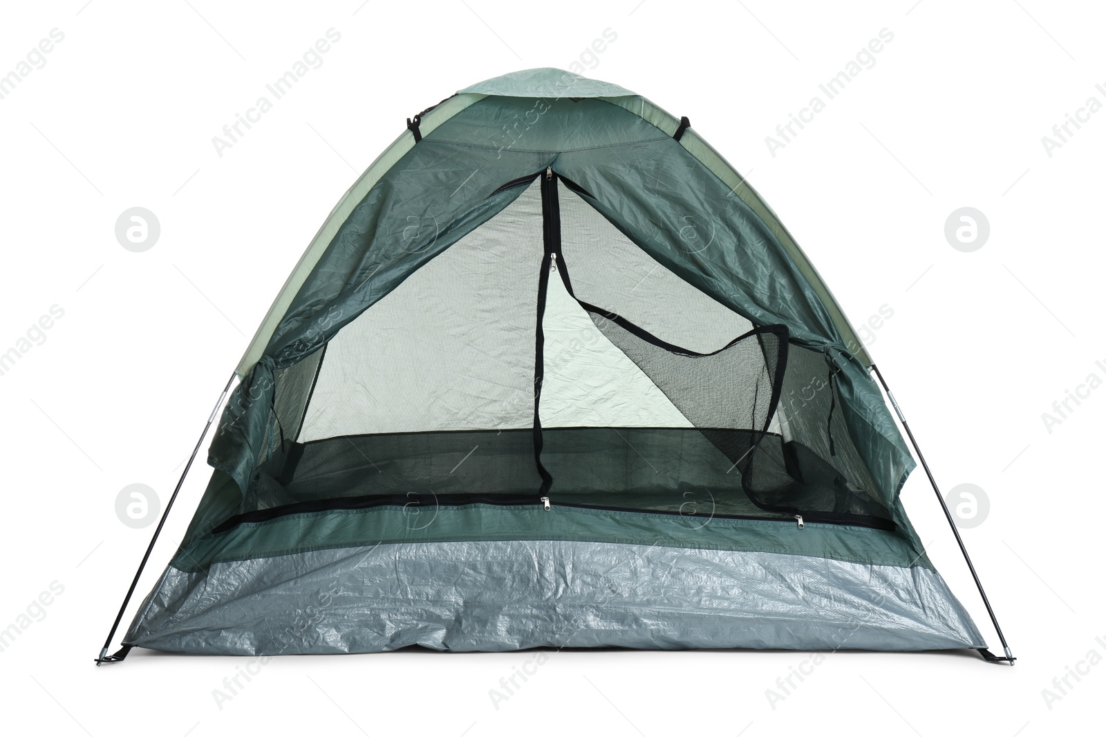 Photo of Comfortable dark green camping tent on white background