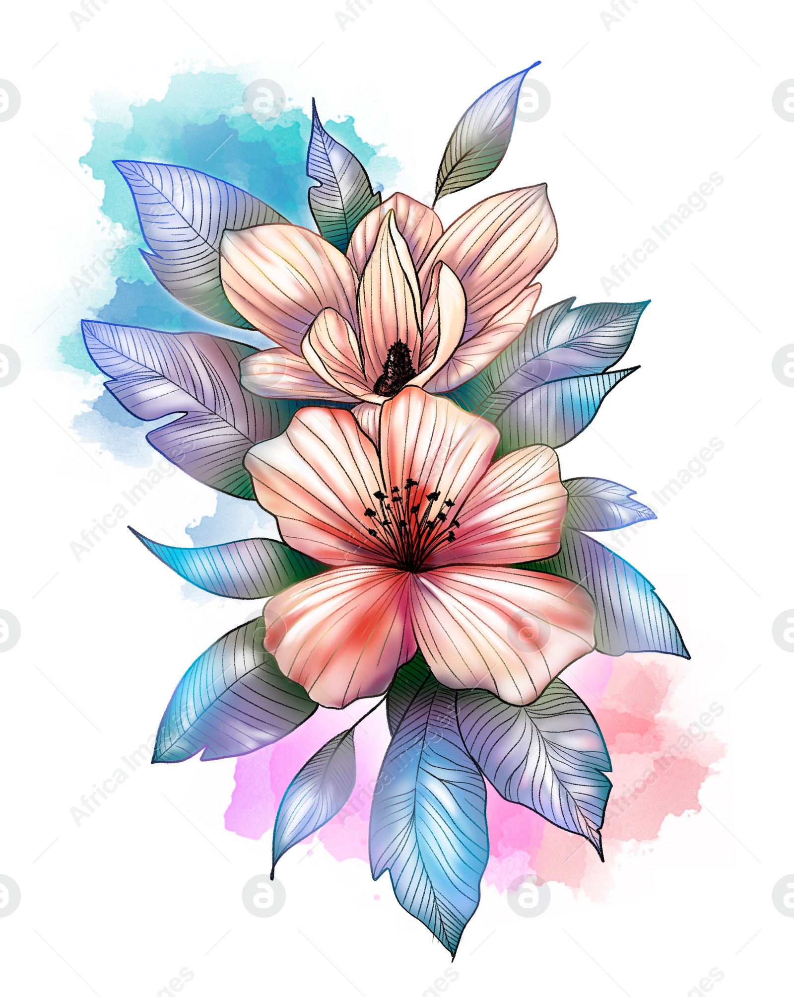 Illustration of Beautiful flowers with leaves on white background. Color illustration