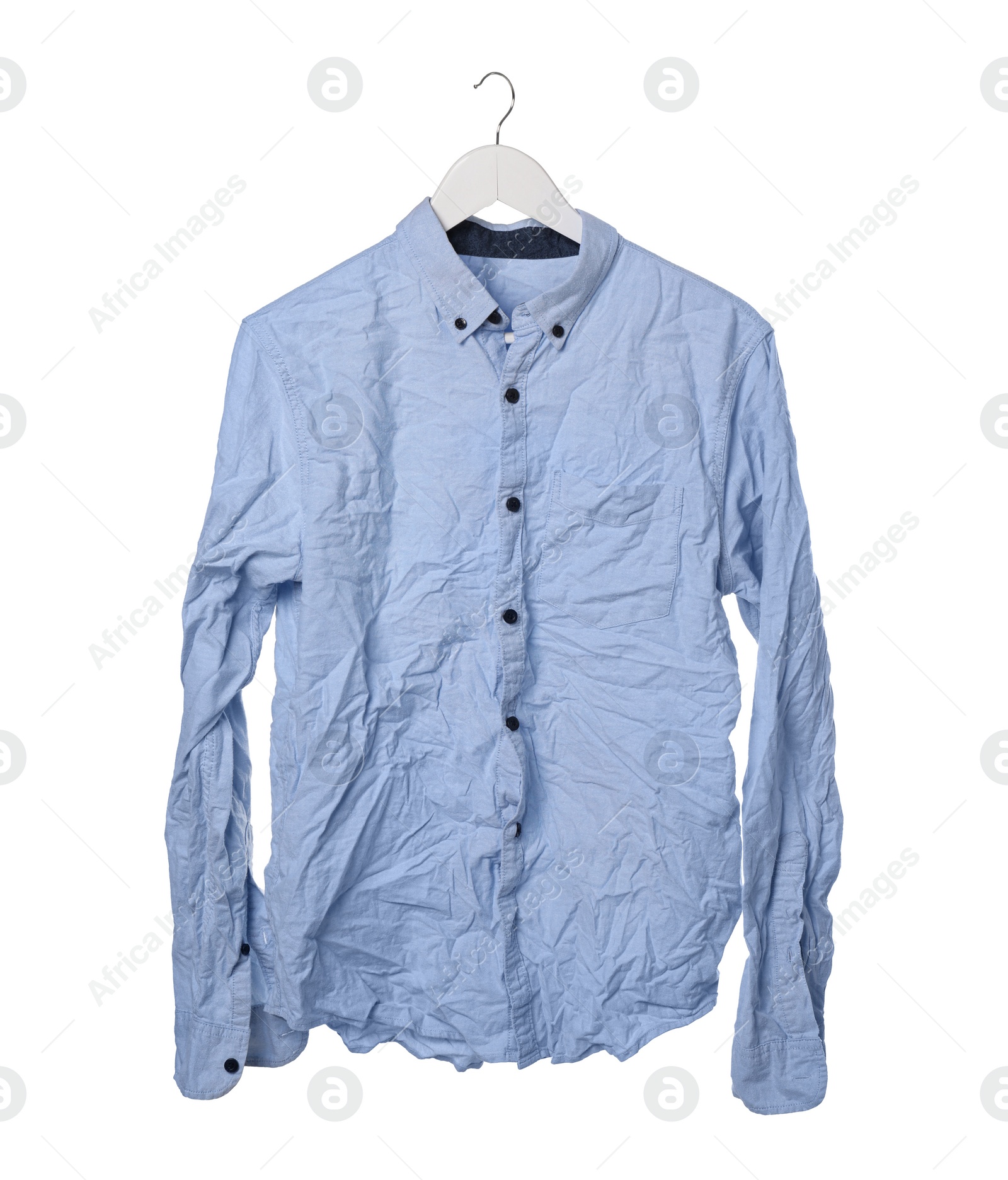 Photo of Hanger with creased shirt isolated on white