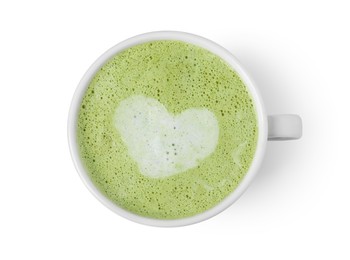 Cup of fresh matcha latte isolated on white, top view