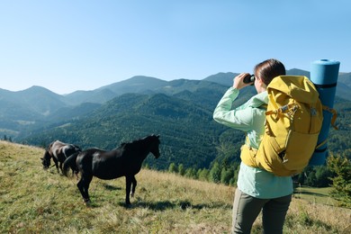 Tourist with hiking equipment looking through binoculars in mountains, back view