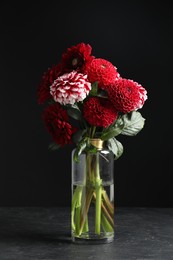 Beautiful dahlia flowers in vase on table against black background