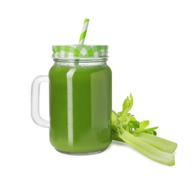Photo of Celery juice in mason jar and fresh vegetable on white background