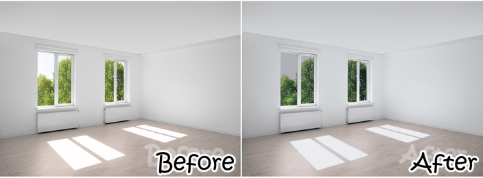 Image of Empty room with windows before and after tinting