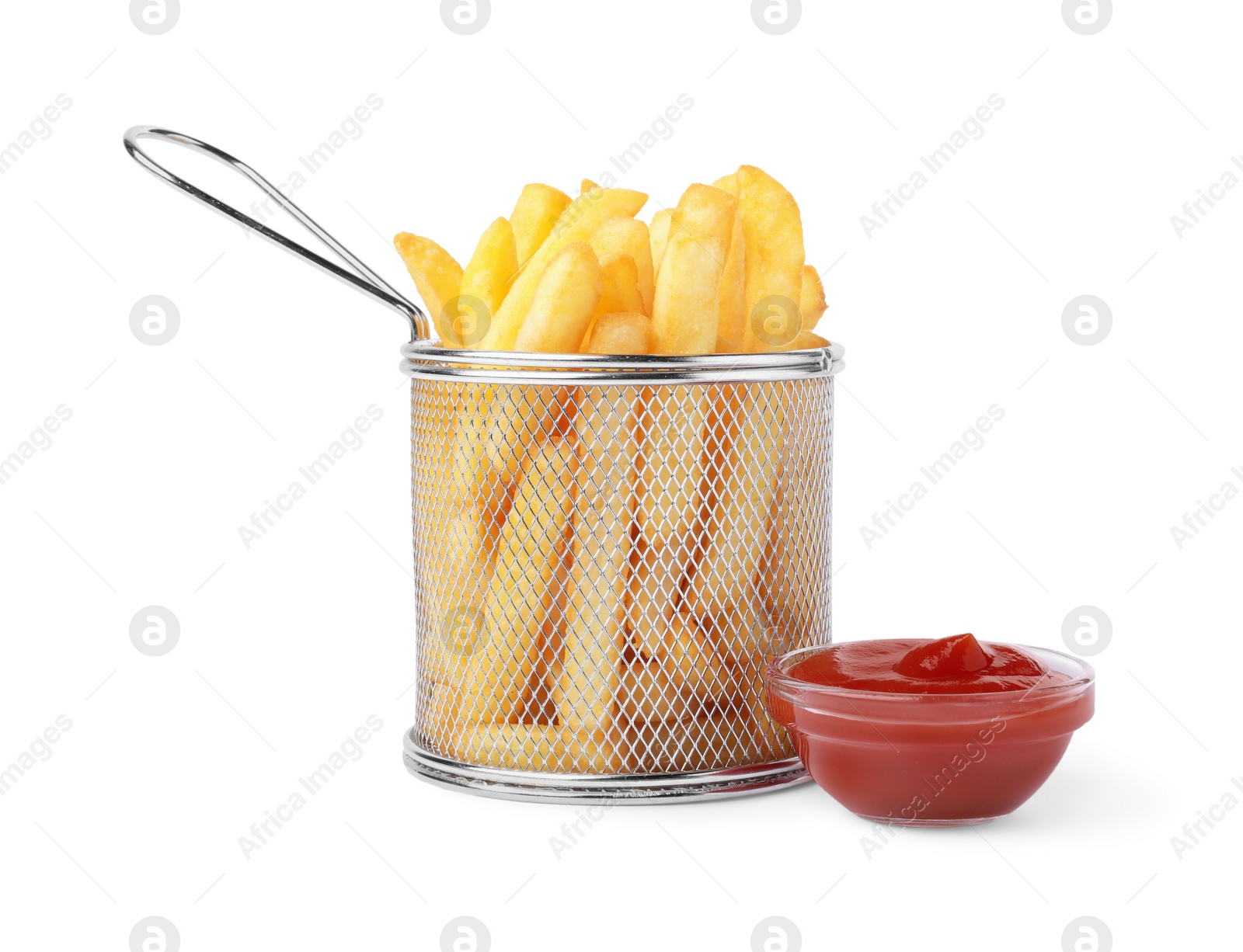 Photo of Tasty French fries with ketchup isolated on white