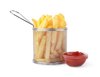 Tasty French fries with ketchup isolated on white