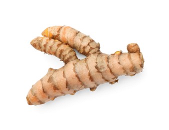 Photo of One fresh turmeric root isolated on white, top view