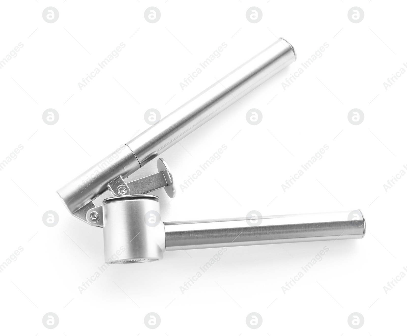 Photo of Garlic press on white background. Kitchen utensil