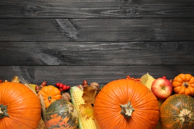 Photo of Flat lay composition with ripe pumpkins and autumn leaves on black wooden table, space for text. Happy Thanksgiving day