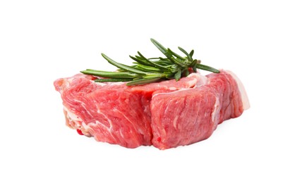 Photo of Fresh raw meat with rosemary isolated on white
