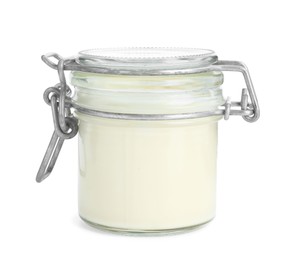 Photo of Fresh mayonnaise sauce in glass jar isolated on white