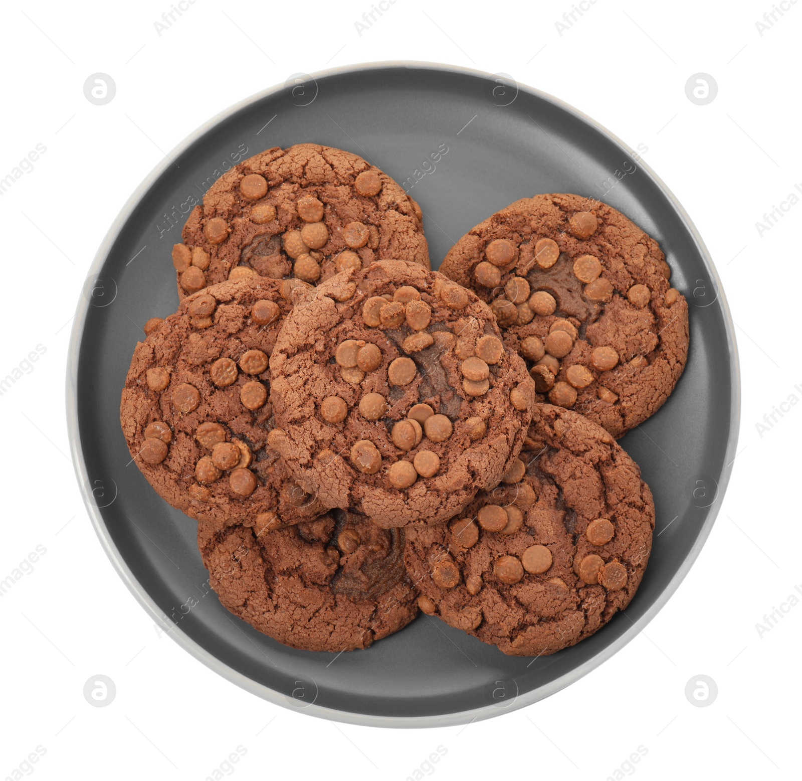 Photo of Plate of delicious chocolate chip cookies isolated on white, top view