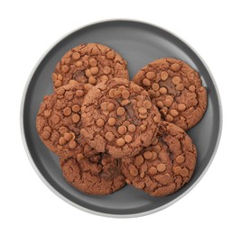 Plate of delicious chocolate chip cookies isolated on white, top view