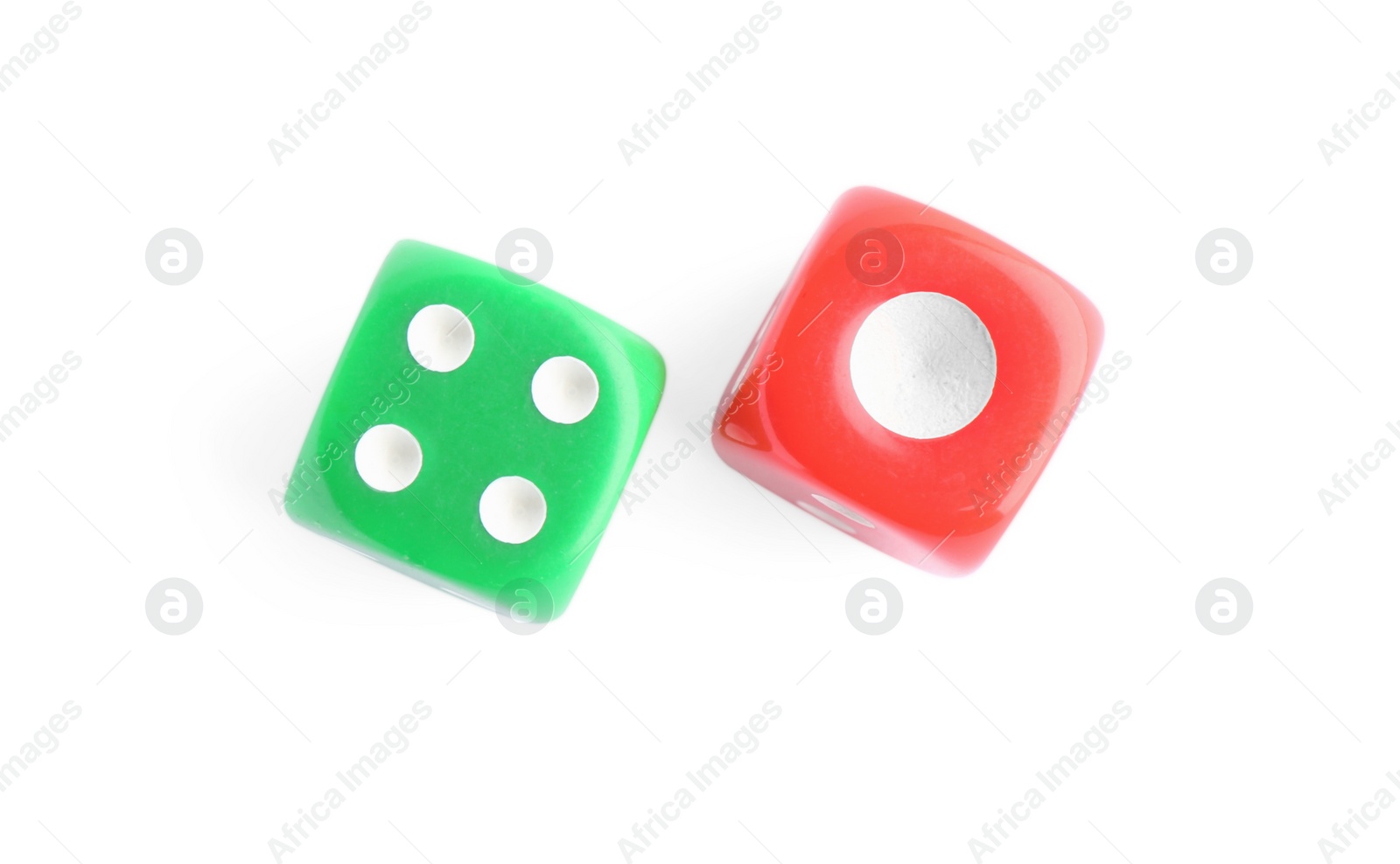 Photo of Two color game dices isolated on white, top view