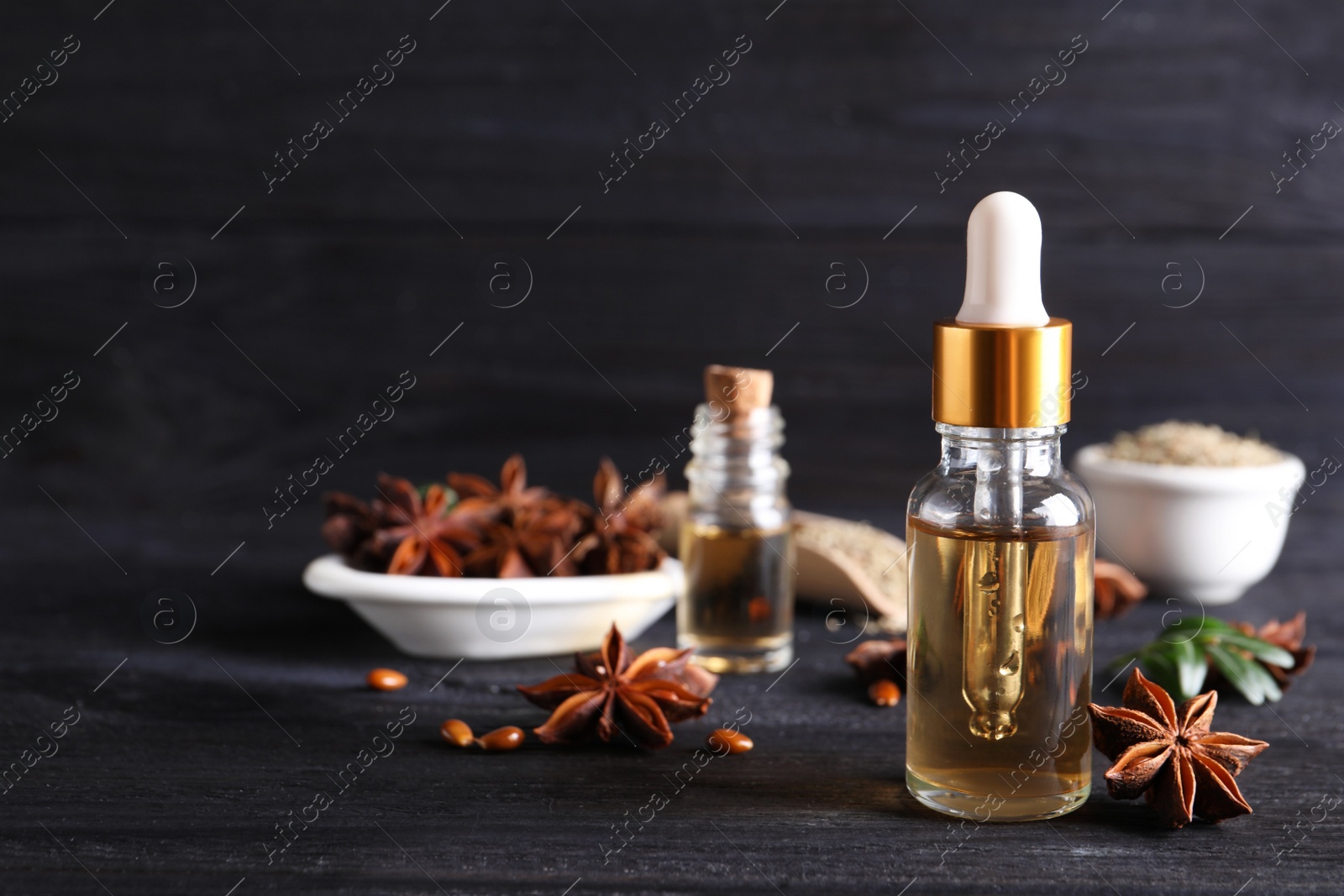 Photo of Anise essential oil and spice on dark wooden table, space for text