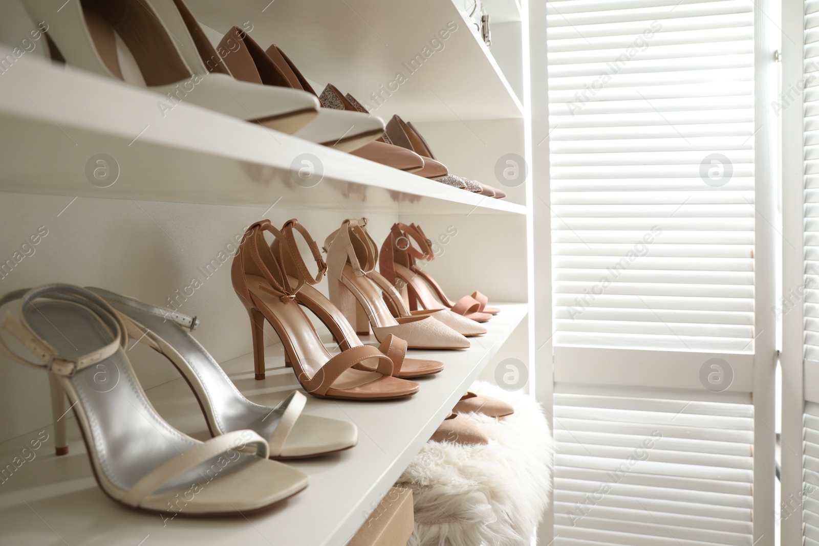 Photo of Different stylish women's shoes on shelving unit in dressing room