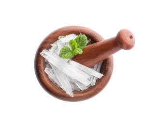 Photo of Menthol crystals and mint leaves on white background, top view