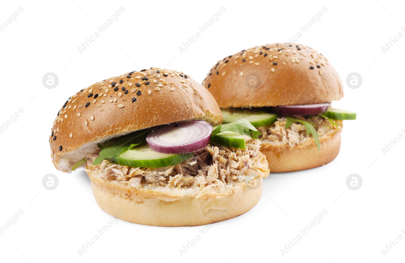 Photo of Delicious sandwiches with tuna and vegetables on white background