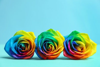 Rainbow rose flowers on table against color background