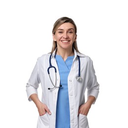 Portrait of happy doctor with stethoscope on white background