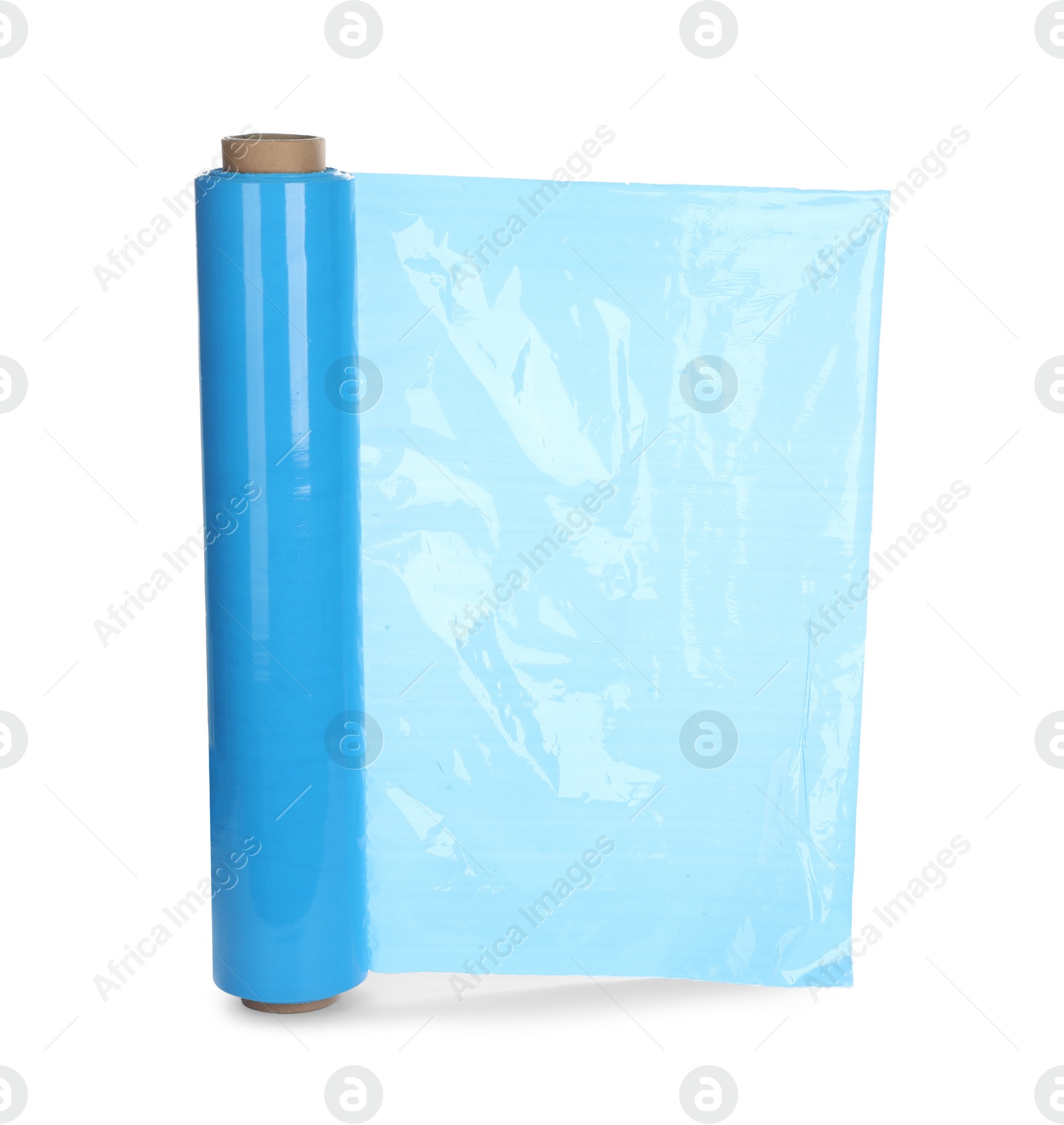 Photo of Roll of light blue stretch wrap isolated on white