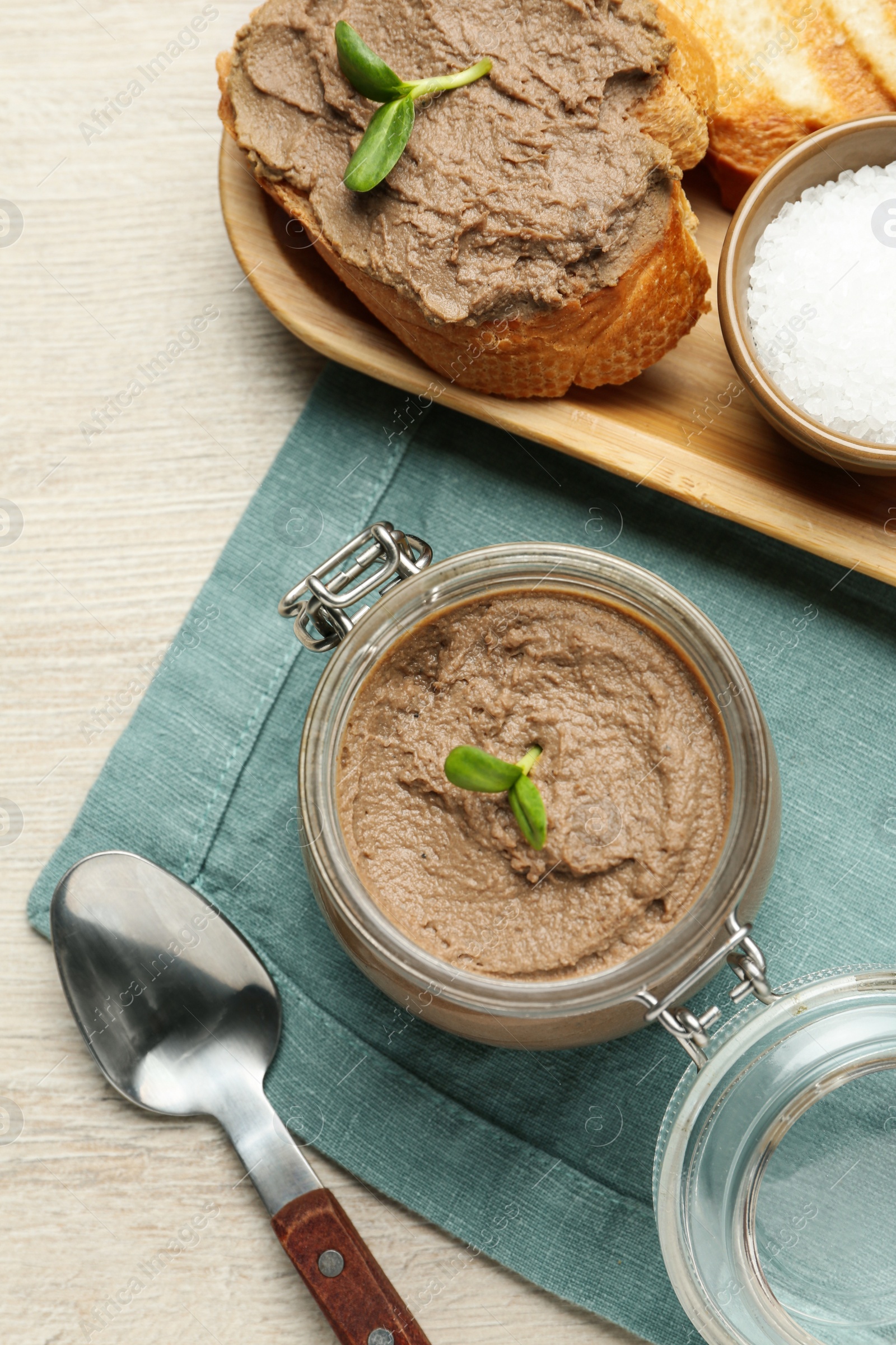 Photo of Flat lay composition with delicious liver pate on white wooden table