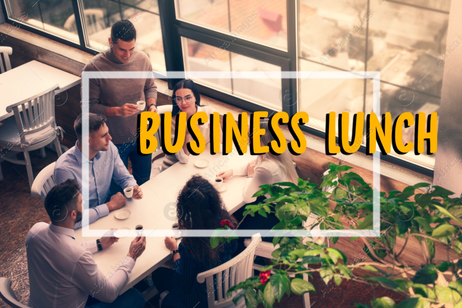 Image of Group of coworkers having coffee break in cafe, above view. Business lunch