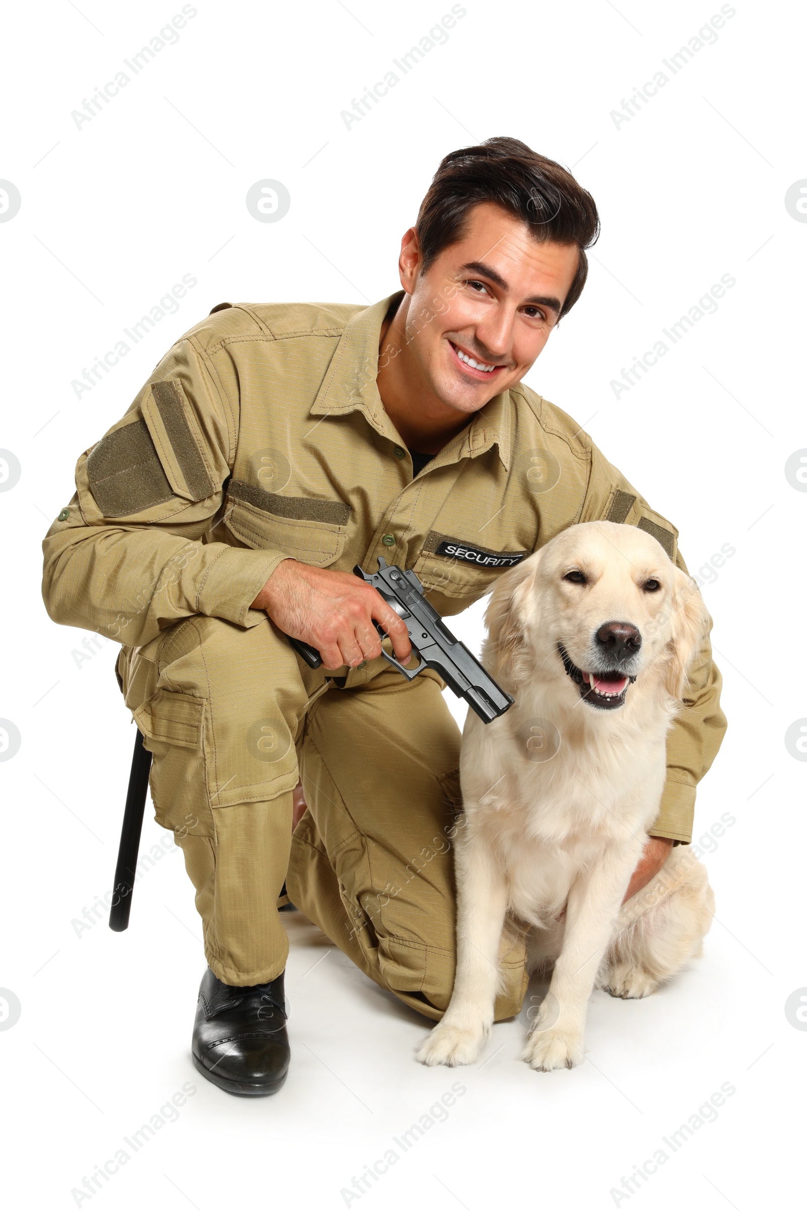 Photo of Male security guard in uniform with gun and police dog on white background