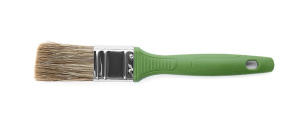 Photo of One paint brush with green handle isolated on white, top view