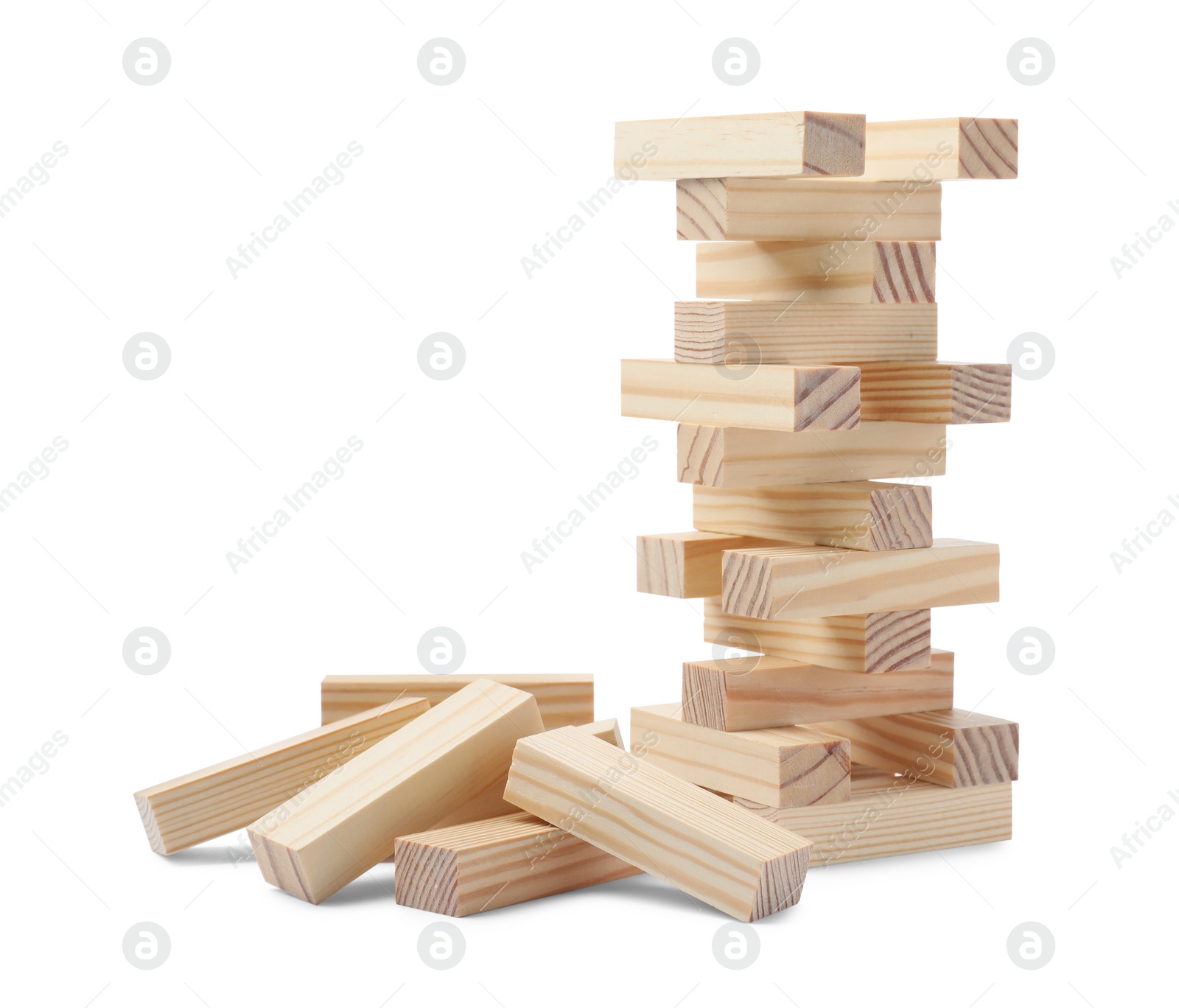 Photo of Jenga tower and pile of wooden blocks on white background