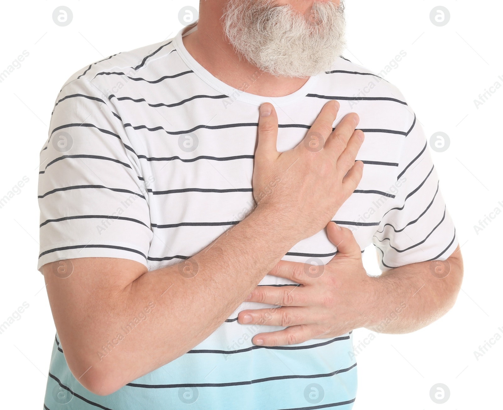 Photo of Mature man having heart attack on white background