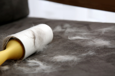 Modern lint roller and cat hair on brown fabric, closeup