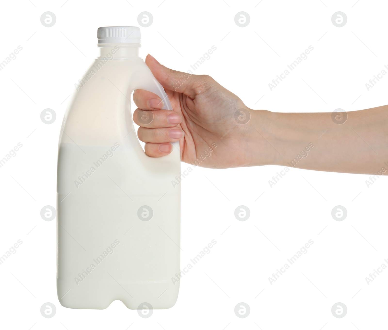 Photo of Woman holding gallon bottle of milk on white background, closeup