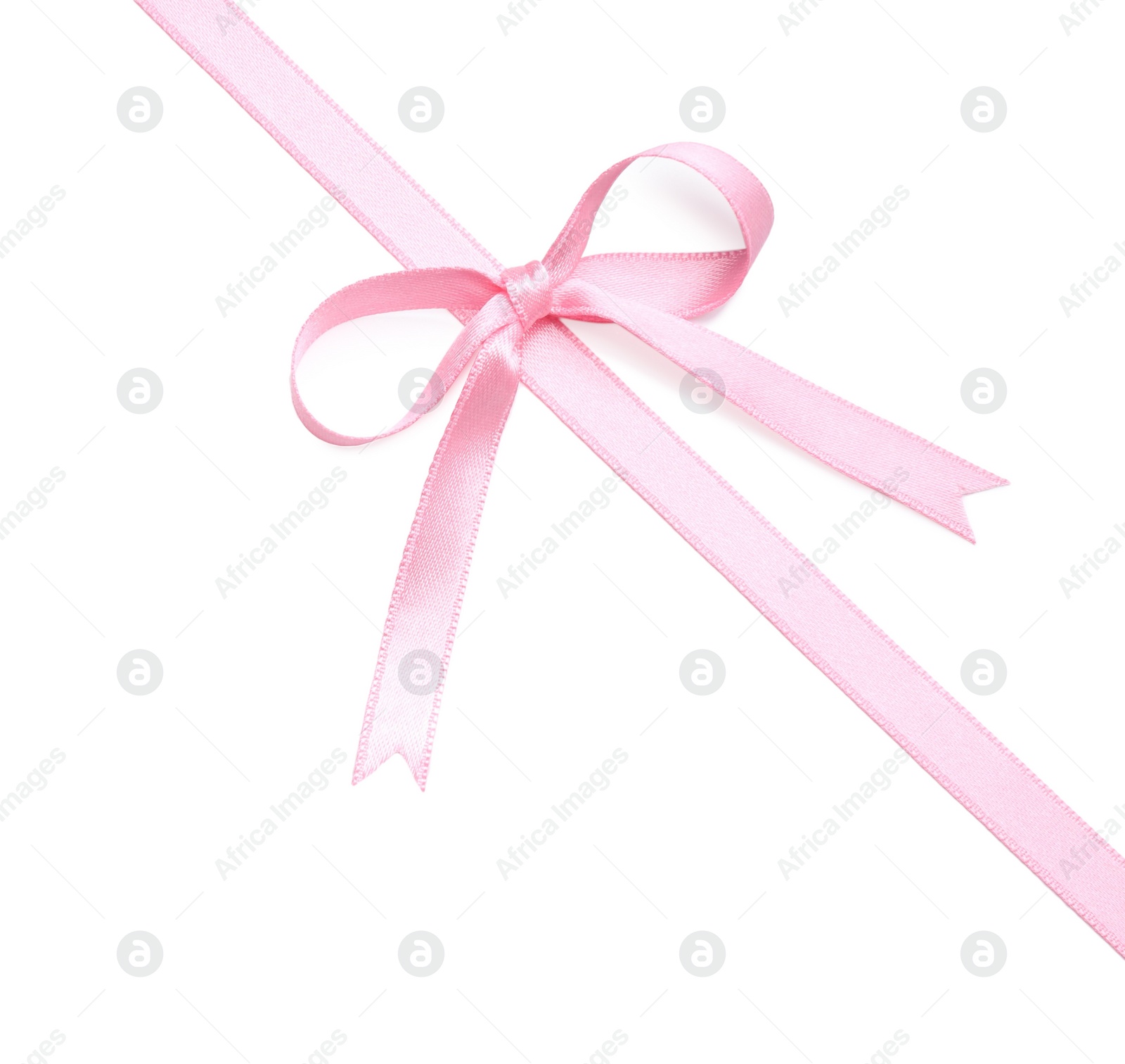 Photo of Pink satin ribbon with bow on white background, above view