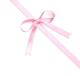 Pink satin ribbon with bow on white background, above view