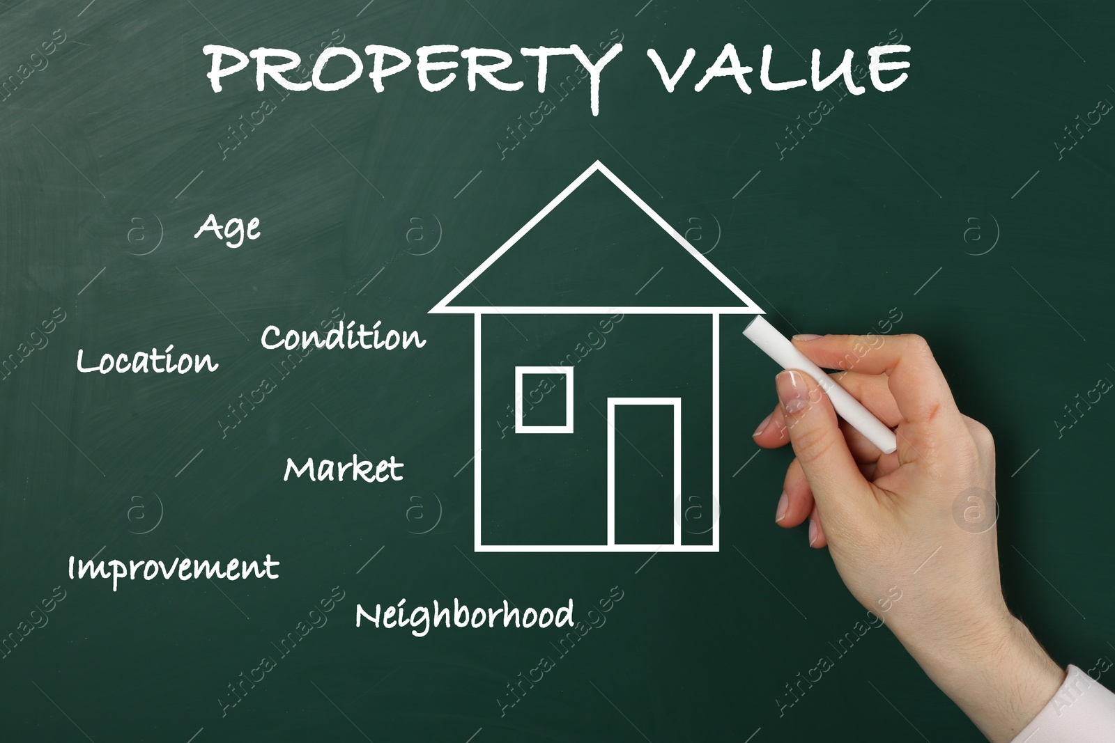 Image of Real estate agent drawing house illustration on chalkboard, closeup. Property value concept