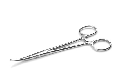 Photo of Surgical forceps on white background. Medical tool