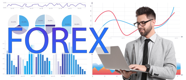 Image of Businessman with laptop and charts on background, banner design. Forex trading